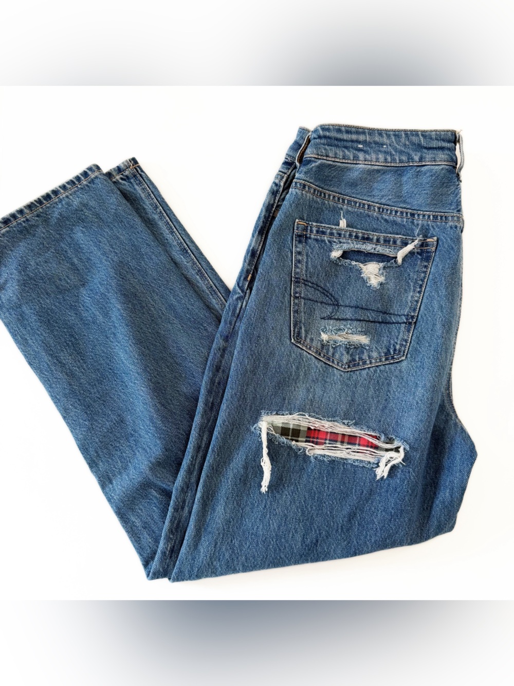 American Eagle Jeans Womens 8 Mom Straight Distressed Plaid Patchwork
